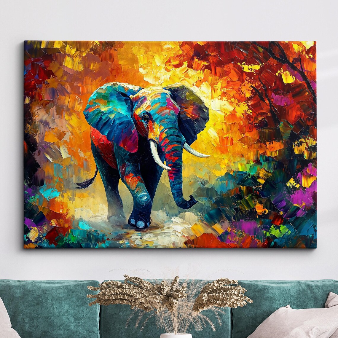 Colorful Elephant Head Abstract Yellow Oil Painting Wall Art
