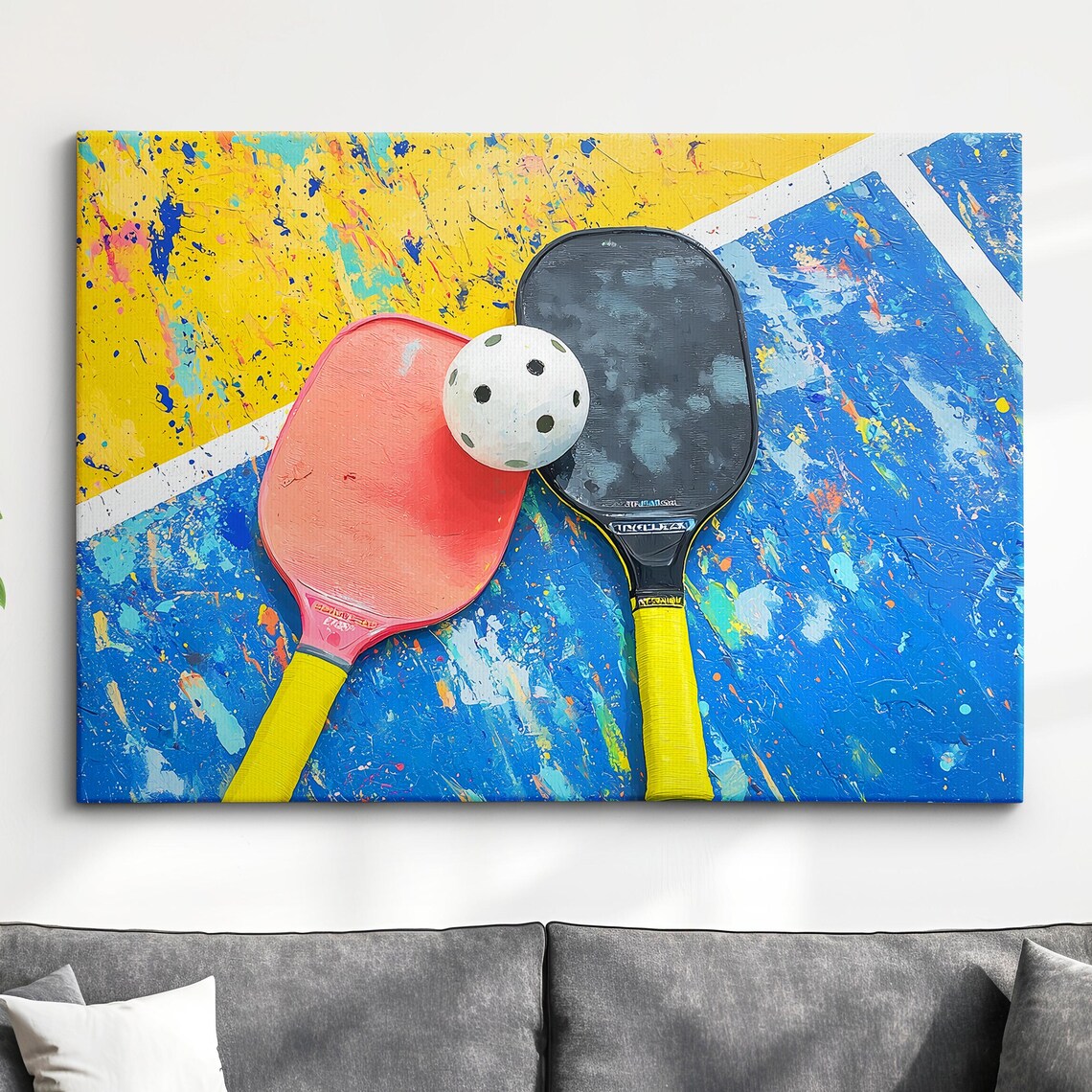Coral and Black Pickleball Paddles Splatter Court Modern Sports Poster