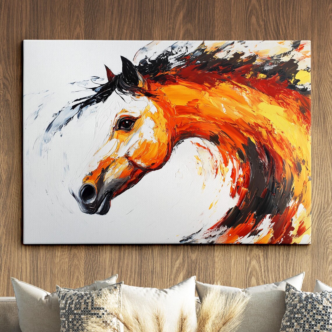 Colorful Abstract Horse Portrait Fiery Orange Oil Painting Poster