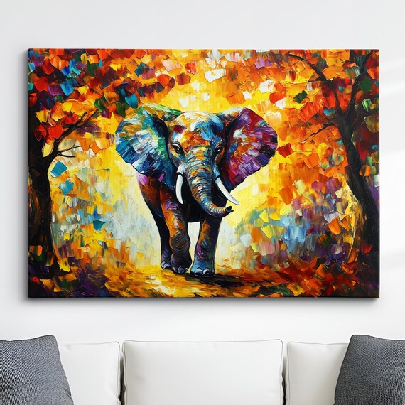 Elephant Animal Abstract Oil Painting Colourful Paint Splatter Style Wall Art Framed Canvas Poster Print Home Office Room Decor Gifts