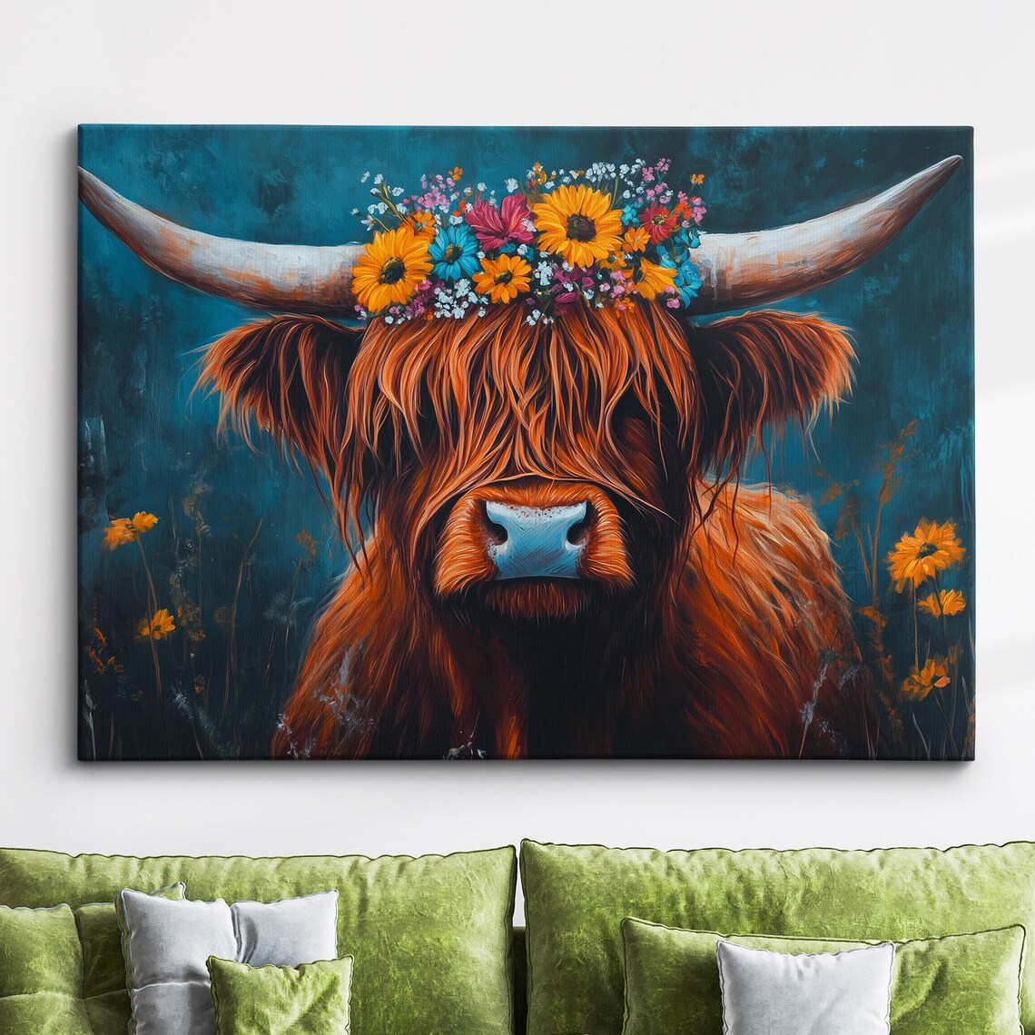 Highland Cow Floral Crown Teal Oil Painting Portrait Canvas Poster