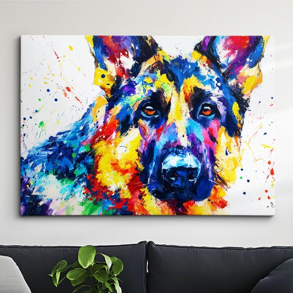 German Shepherd Dog Pet Abstract Oil Painting Splatter Wall Art Framed Canvas Poster Print Home Kitchen Office Room Decor Lover Gifts