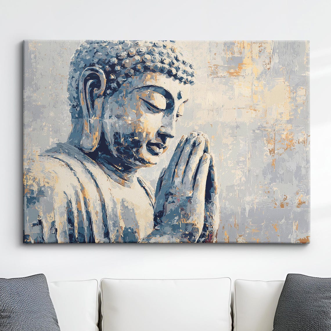 Praying Buddha Side Profile Muted Blue Oil Painting Zen Wall Poster