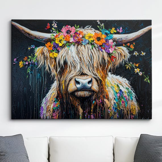 Highland Scottish Cow Floral Headband Oil Painting Abstract Modern Wall Art Canvas Poster Print Living Room Home Decor Scotland Gifts