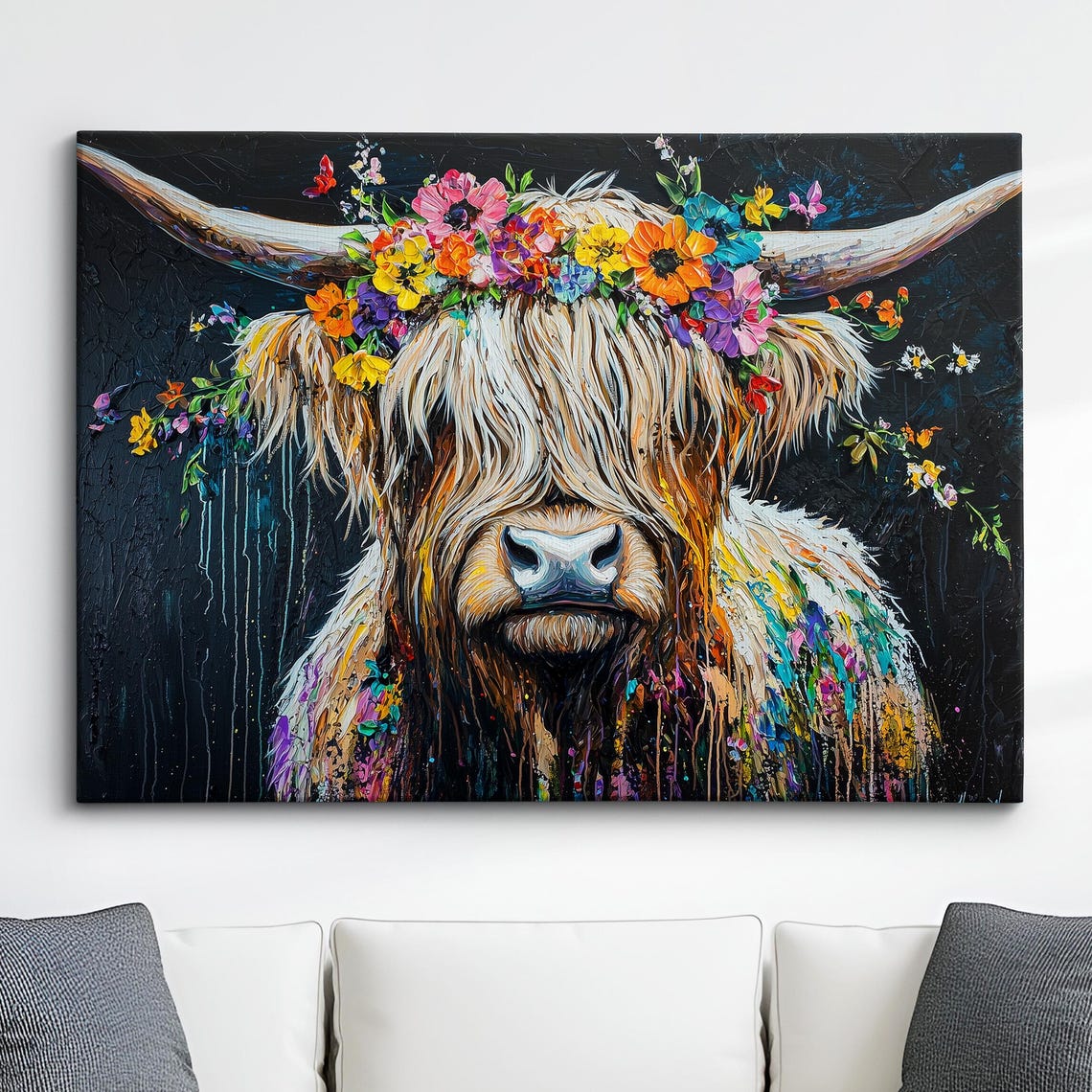 Highland Scottish Cow Floral Headband Oil Painting Abstract Modern Wall Art Canvas Poster Print Living Room Home Decor Scotland Gifts