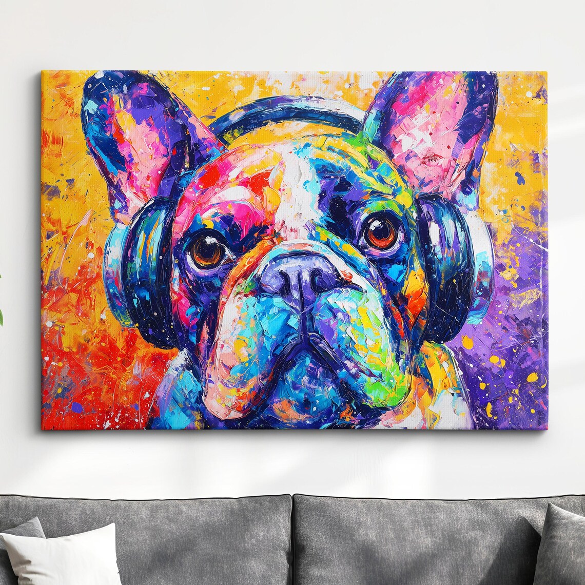 French Bulldog Headphones Golden Sunset Splatter Art Portrait Poster