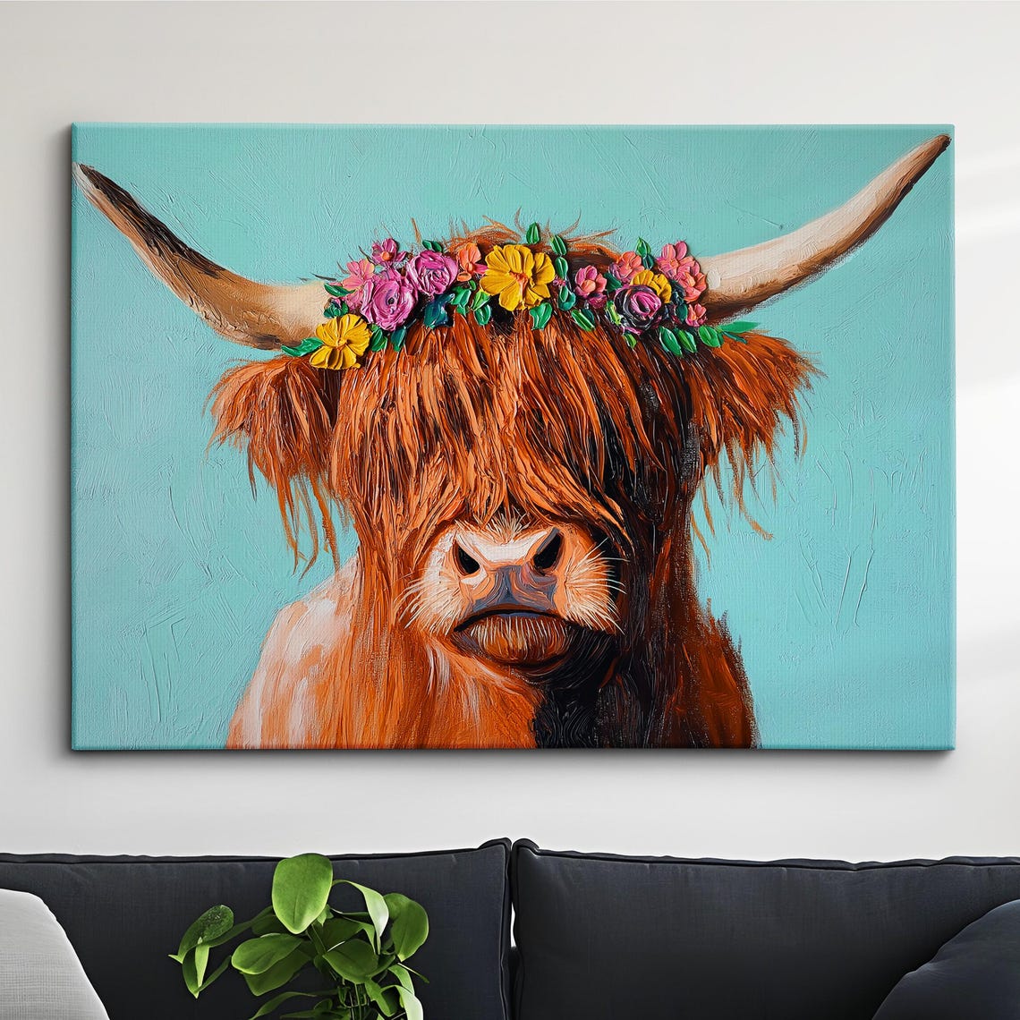 Highland Scottish Cow Floral Headband Oil Painting Abstract Modern Wall Art Canvas Poster Print Living Room Home Decor Scotland Gifts