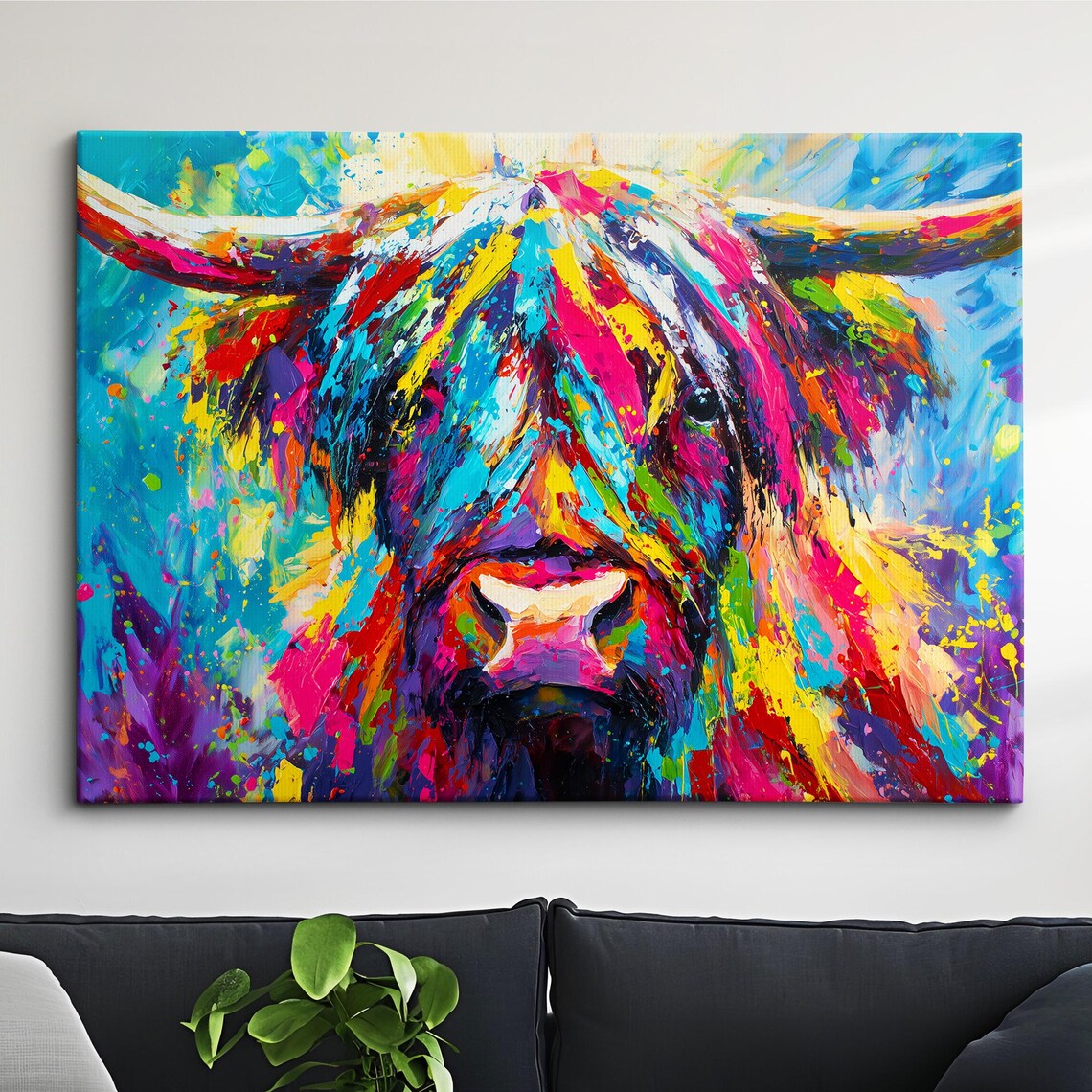 Colorful Highland Cow Expressive Abstract Modern Oil Painting Poster