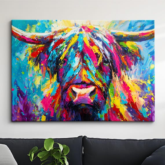 Highland Scottish Cow Oil Painting Abstract Wall Art Framed Canvas Poster Living Room Home Decor Farmhouse Rustic Animal Gifts