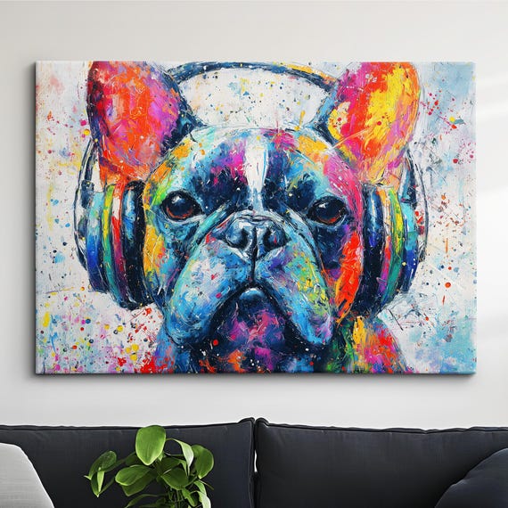 French Bulldog With Headphones Dog Pet Abstract Modern Painting Wall Art Framed Canvas Poster Print Home Kitchen Office Room Decor Gifts