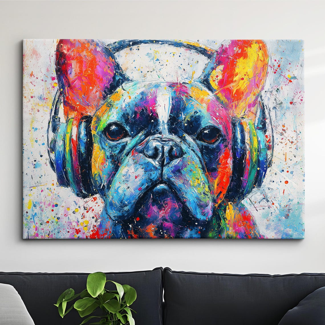 French Bulldog Headphones Rainbow Splatter Face Painting Poster