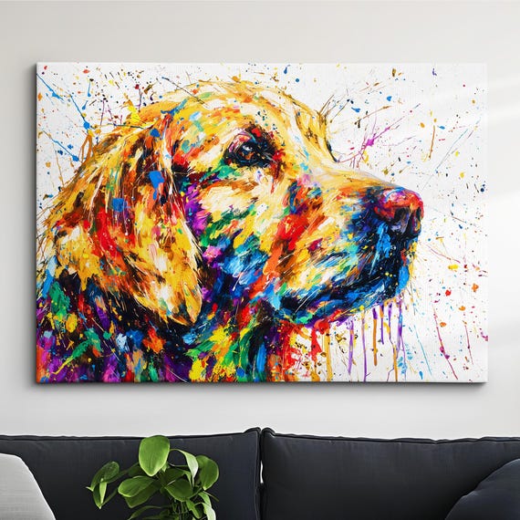 Golden Retriever Dog Pet Abstract Modern Painting Splatter Wall Art Framed Canvas Poster Print Home Kitchen Office Room Decor Gifts