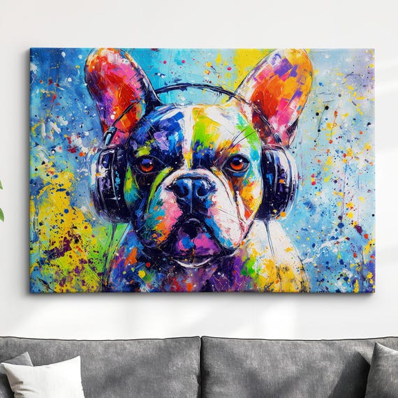French Bulldog With Headphones Dog Pet Abstract Modern Painting Wall Art Framed Canvas Poster Print Home Kitchen Office Room Decor Gifts