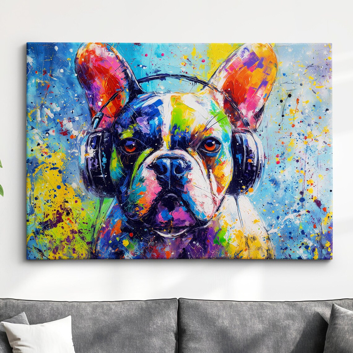 French Bulldog Wearing Headphones Fun Neon Pop Art Dog Poster