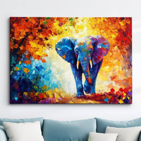 Elephant Animal Abstract Oil Painting Colourful Paint Splatter Style Wall Art Framed Canvas Poster Print Home Office Room Decor Gifts