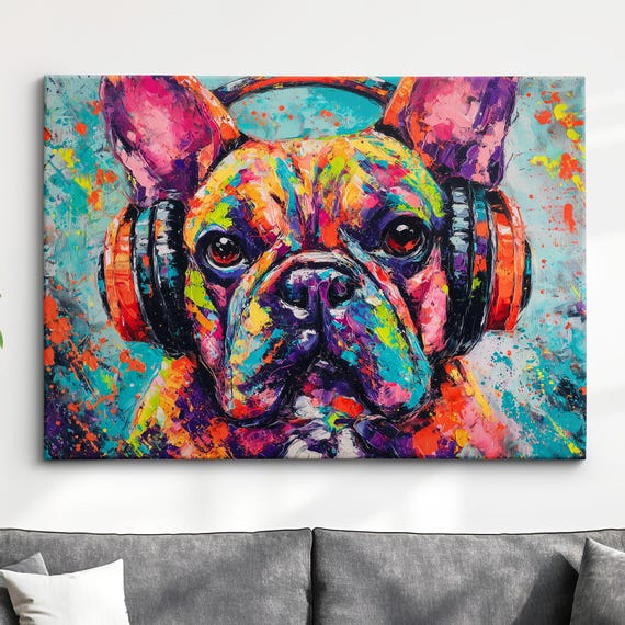 French Bulldog With Headphones Dog Pet Abstract Modern Painting Wall Art Framed Canvas Poster Print Home Kitchen Office Room Decor Gifts