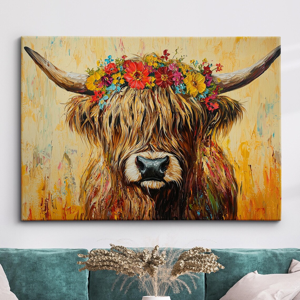 Highland Cow Floral Headband Golden Background Oil Painting Poster