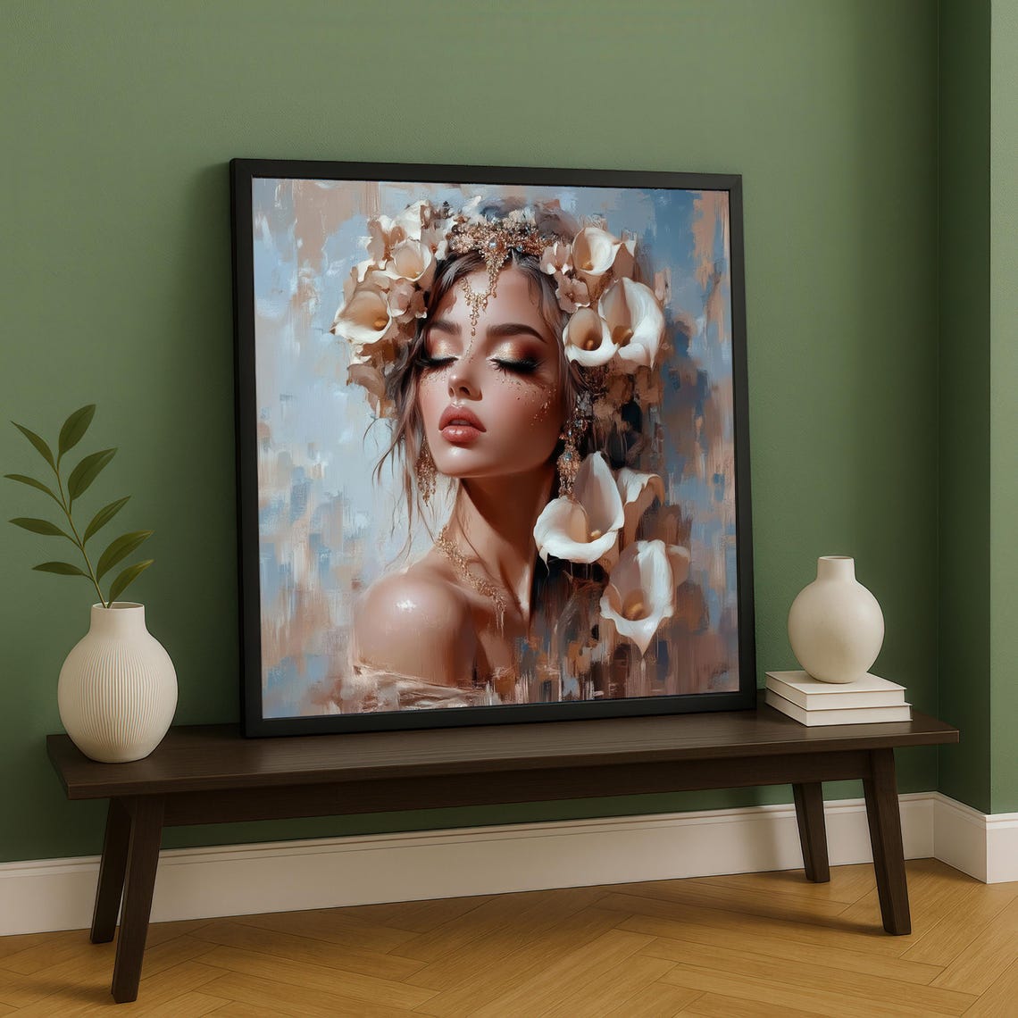 Romantic Floral Lily Crown Woman Portrait Oil Painting Poster