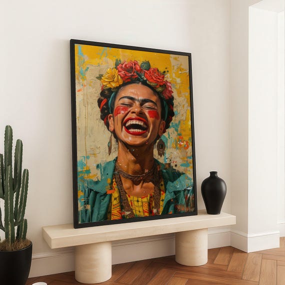 Vibrant Joyful Woman Portrait Canvas Colorful Floral Headpiece Wall Art Ethnic Style Print Modern Abstract Background Decor