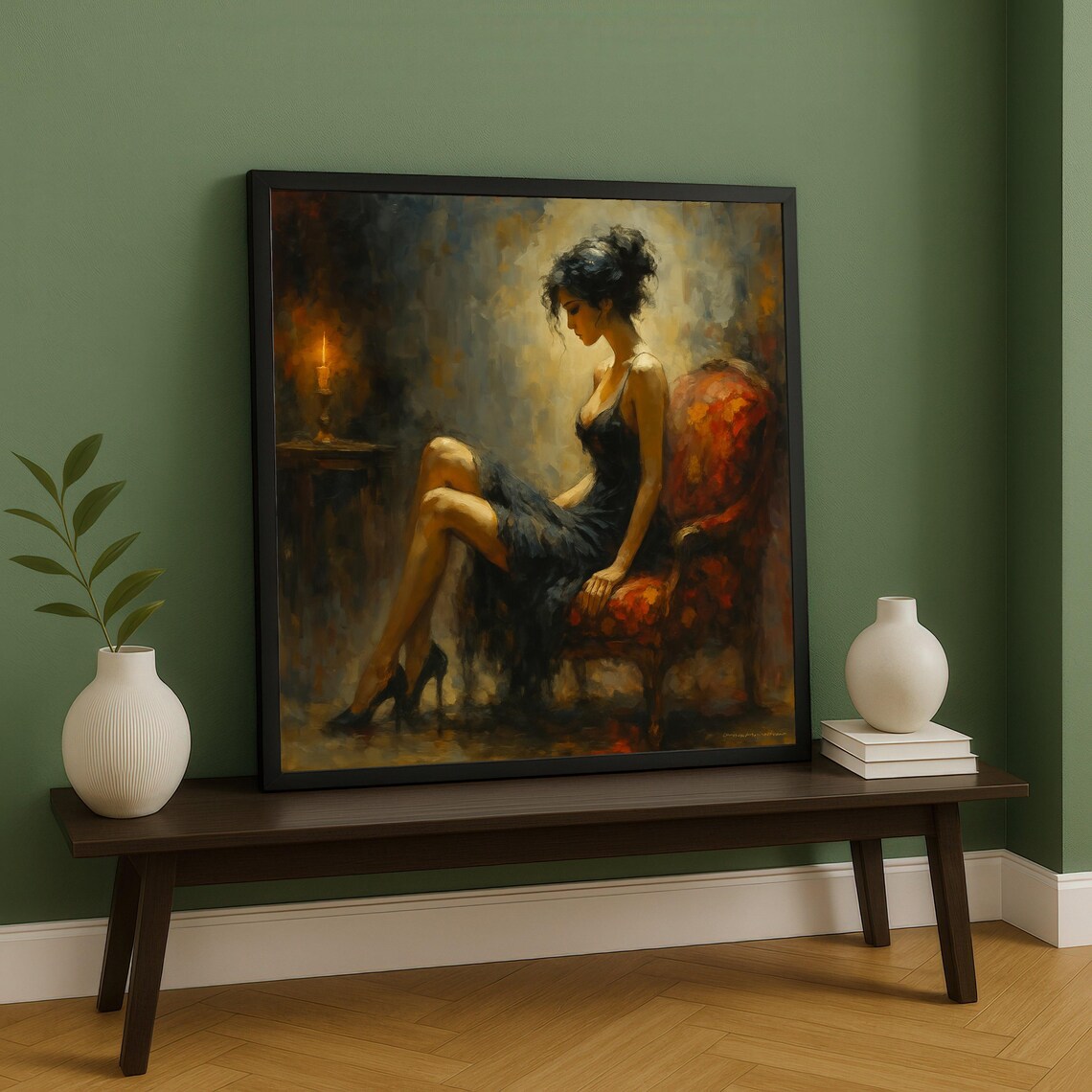 Elegant Woman In Black Dress Seated By Candlelight Oil Art Poster