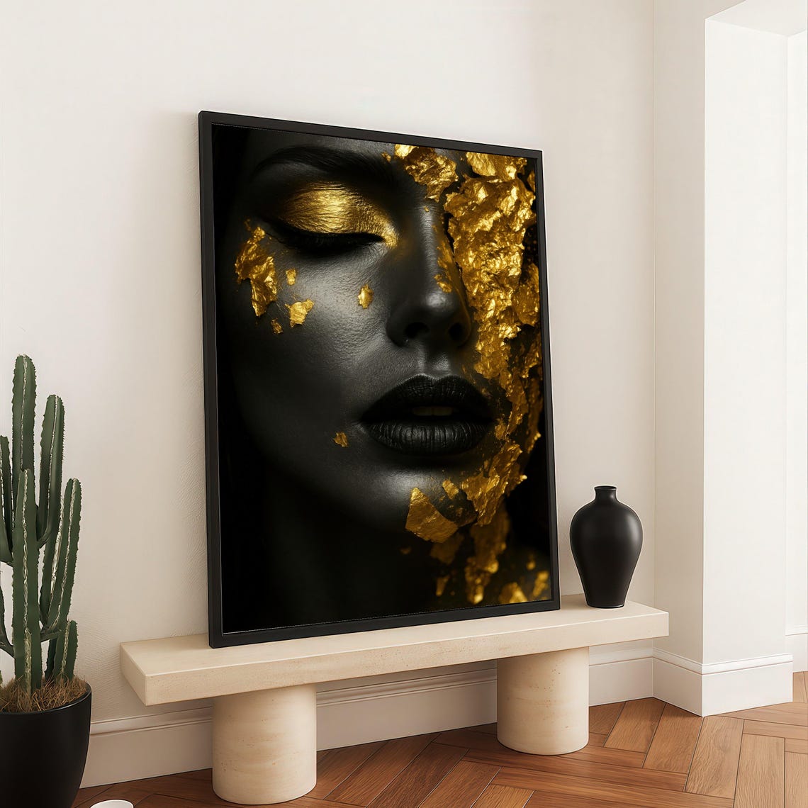 Dramatic Black and Gold Face Closeup Poster With Gold Leaf Glamour