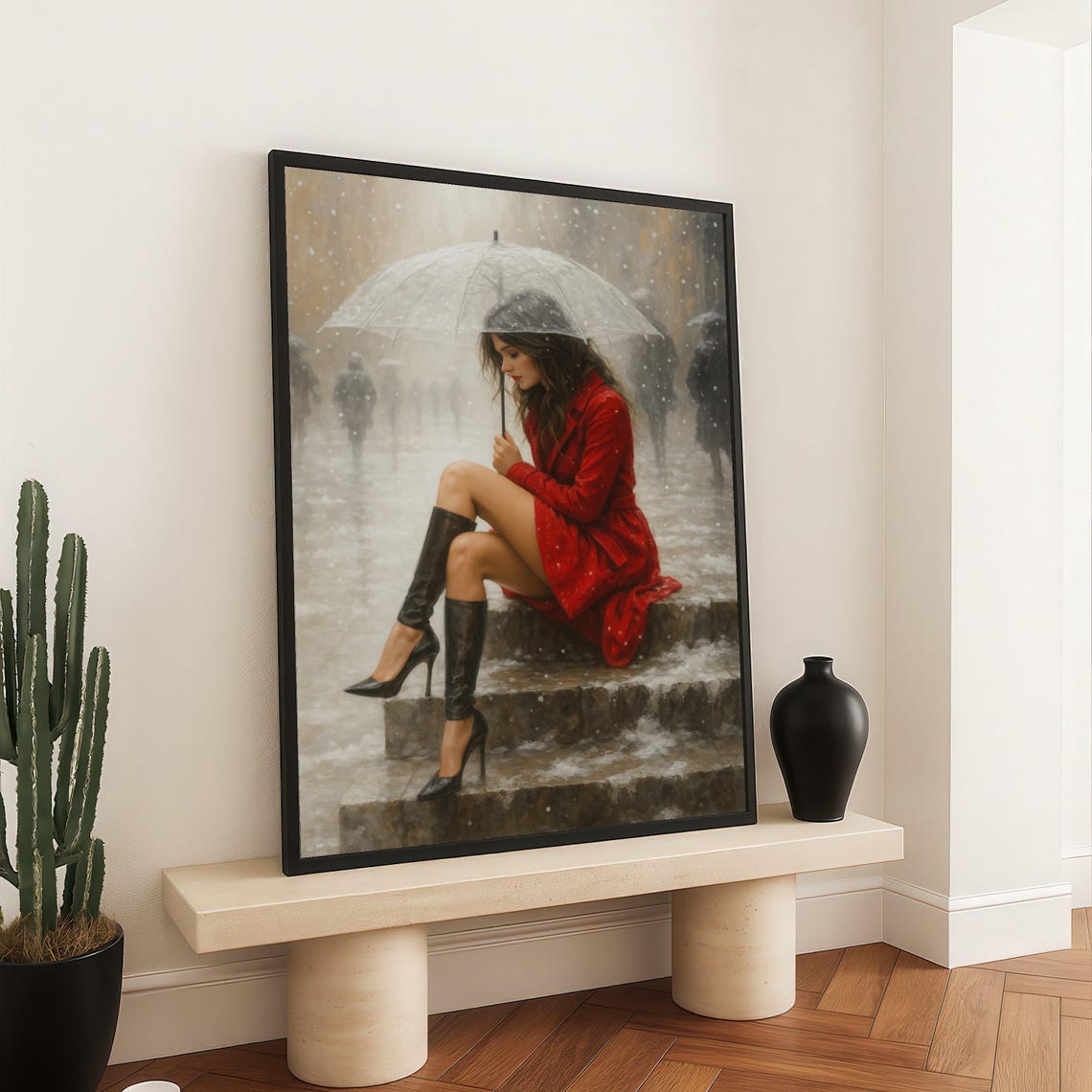Elegant Woman In Red Coat Canvas Winter Rainy Day Scene Fashion Wall Art Urban Street Style Ready To Hang Home Decor