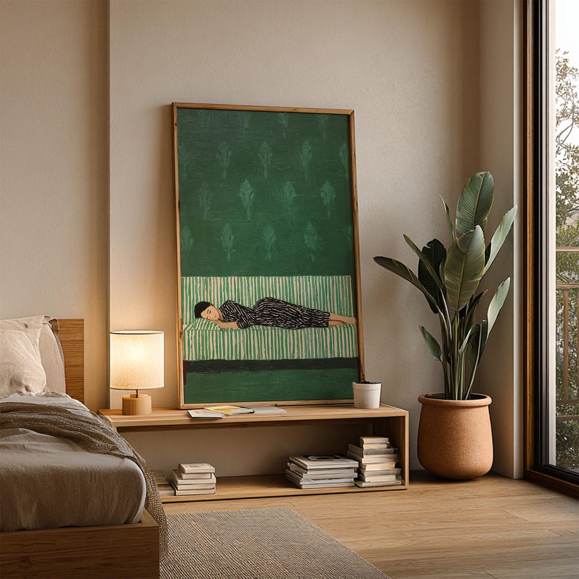 Woman Resting on Striped Sofa Green Wall Cozy Naive Art Poster