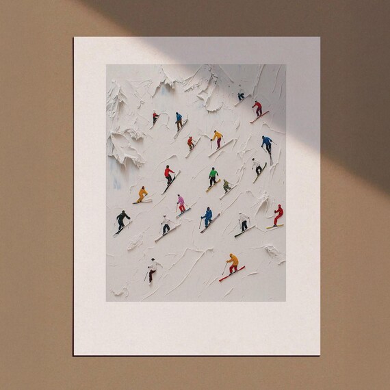 Tiny Colorful Skiers Snowy Slope Palette Knife Painting Poster Winter