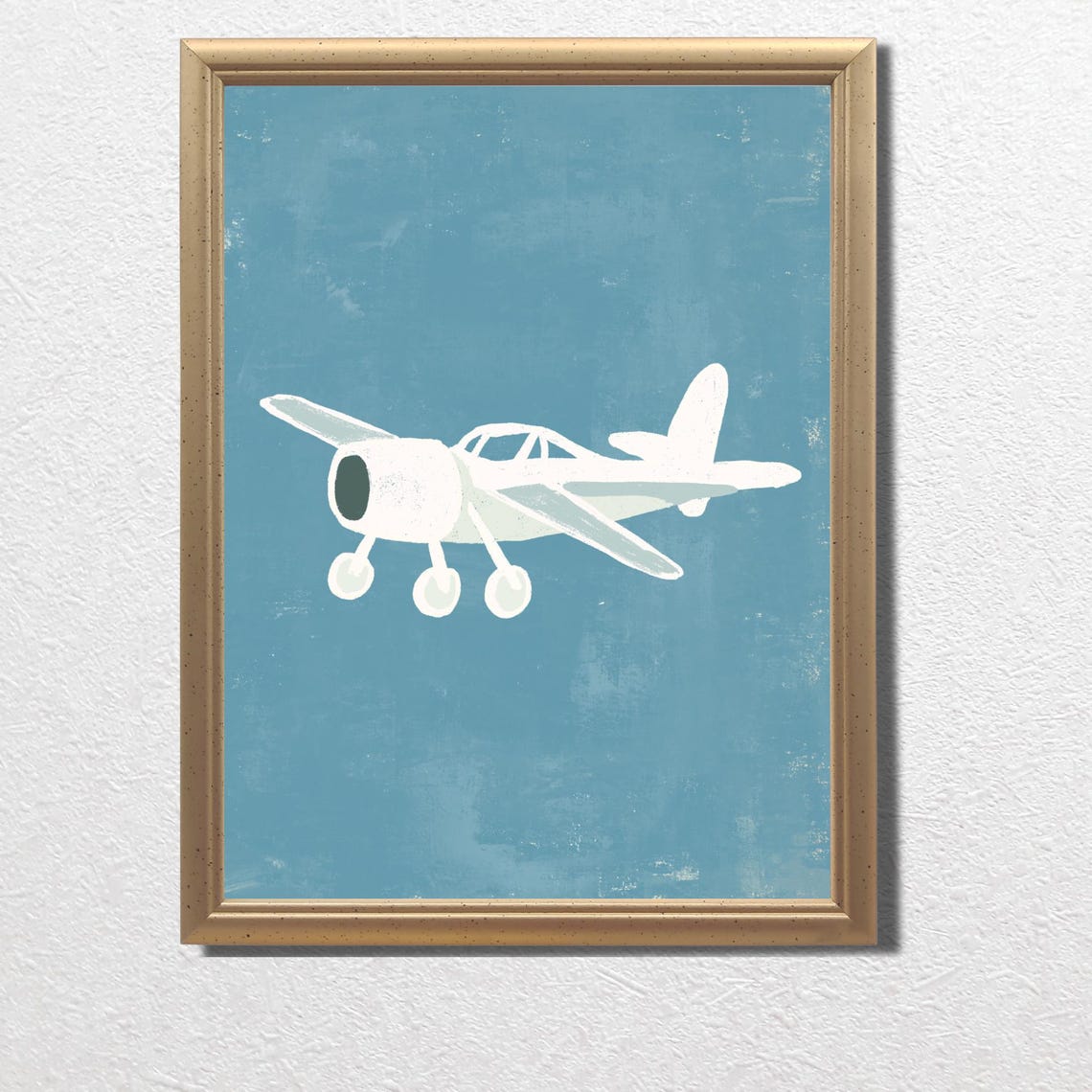 Vintage White Propeller Airplane Flying on Blue Nursery Poster - Image 4