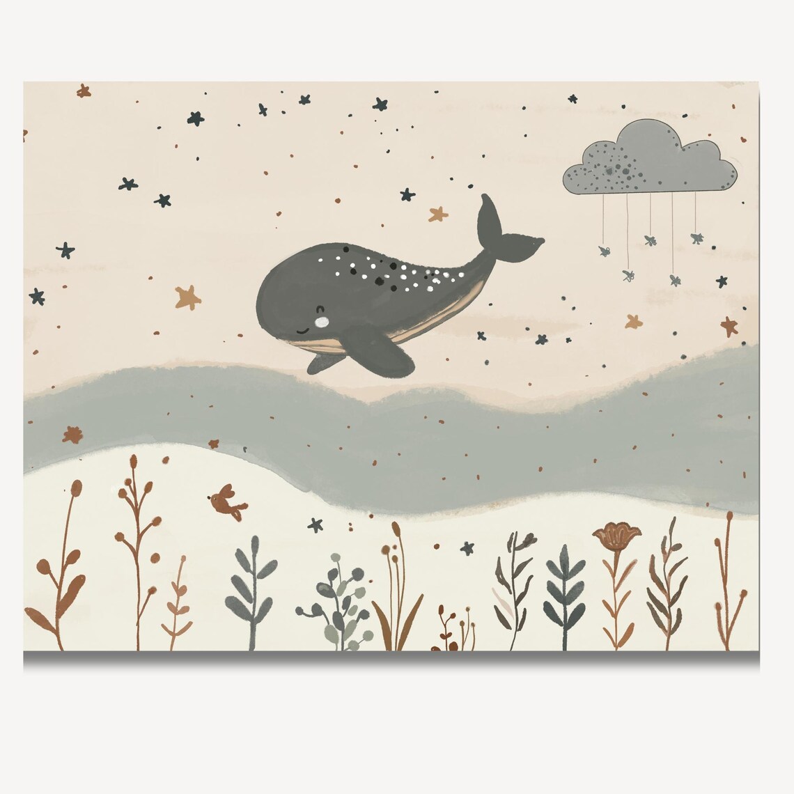 Dreamy Whale Floating Above Meadow Wildflowers Stars Nursery Poster - Image 2