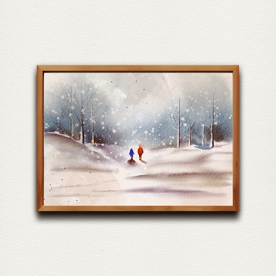 Winter Snow Walk Two Figures Falling Snow Watercolor Wall Art - Image 4