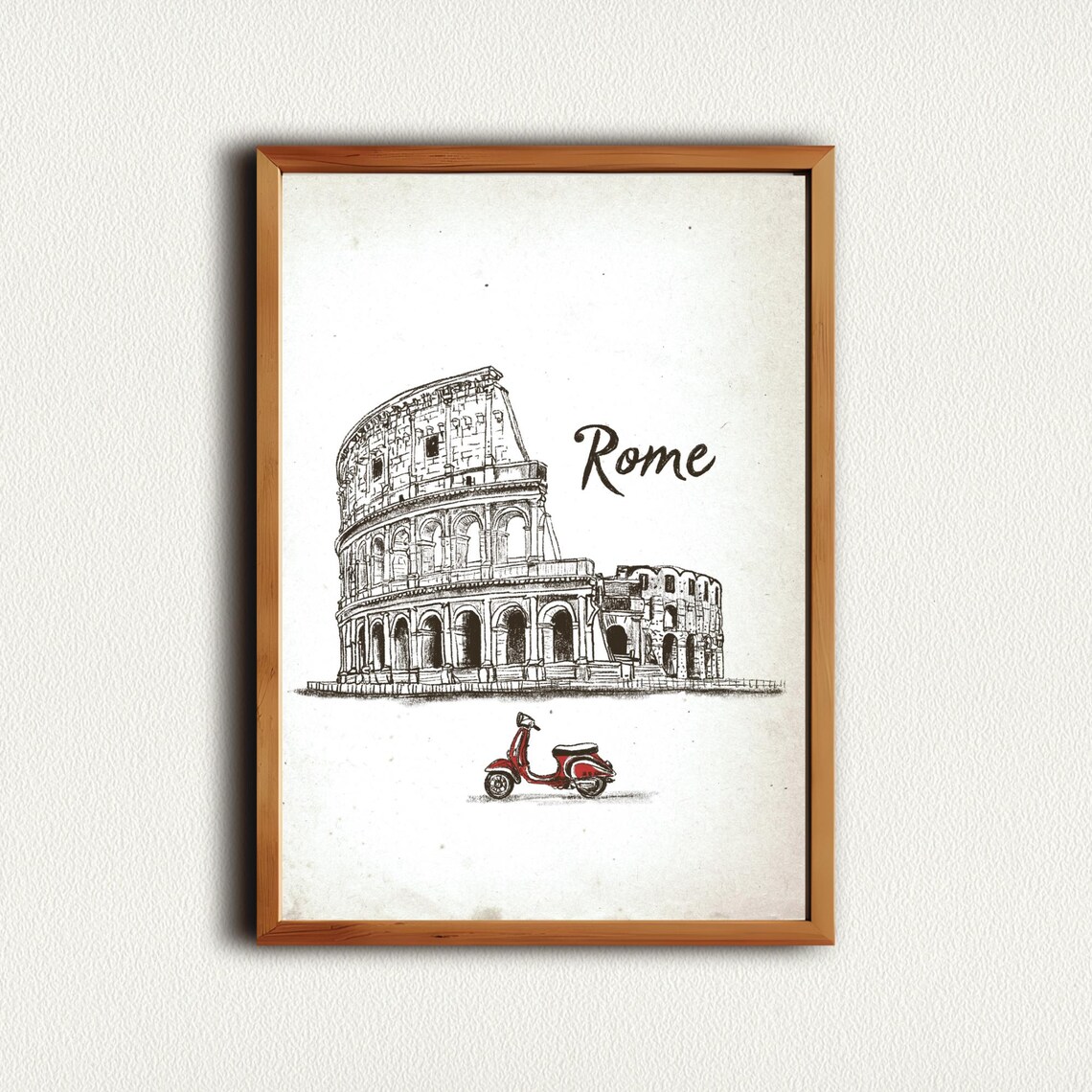 Rome Colosseum and Red Vespa Scooter Ink Sketch Italy Travel Poster - Image 3