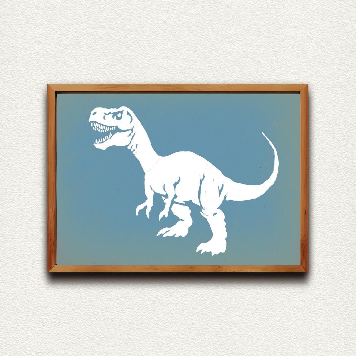 T Rex Dinosaur White Silhouette Blue Nursery Boys Room Art Poster - Image 4
