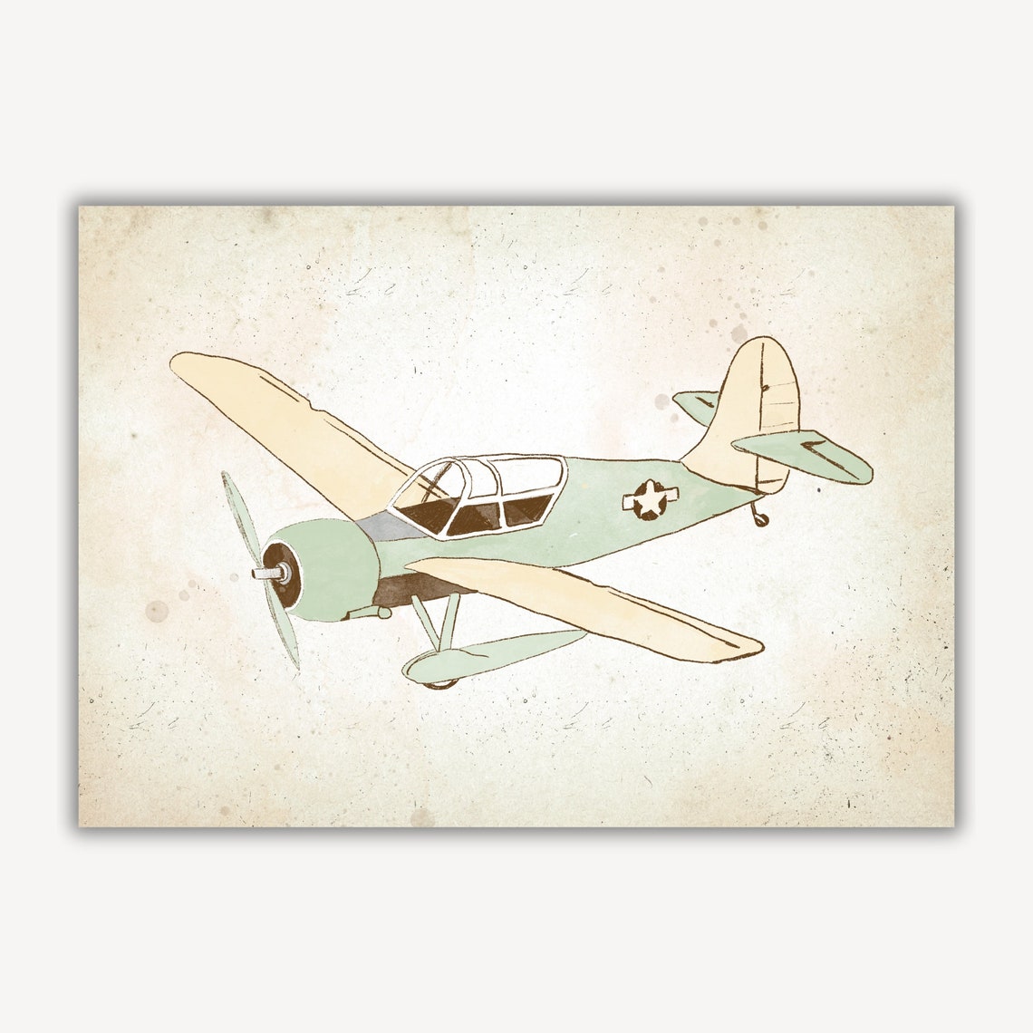 Vintage Mint Propeller Plane Nursery Sketch Star Roundel Print - Image 4