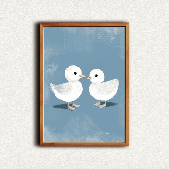 Two Baby Ducklings Blue Background Cute Nursery Animal Art Poster