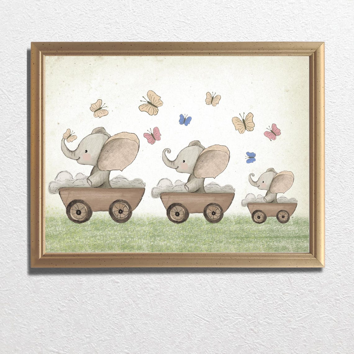 Three Baby Elephants in Wooden Carts With Butterflies Poster - Image 3