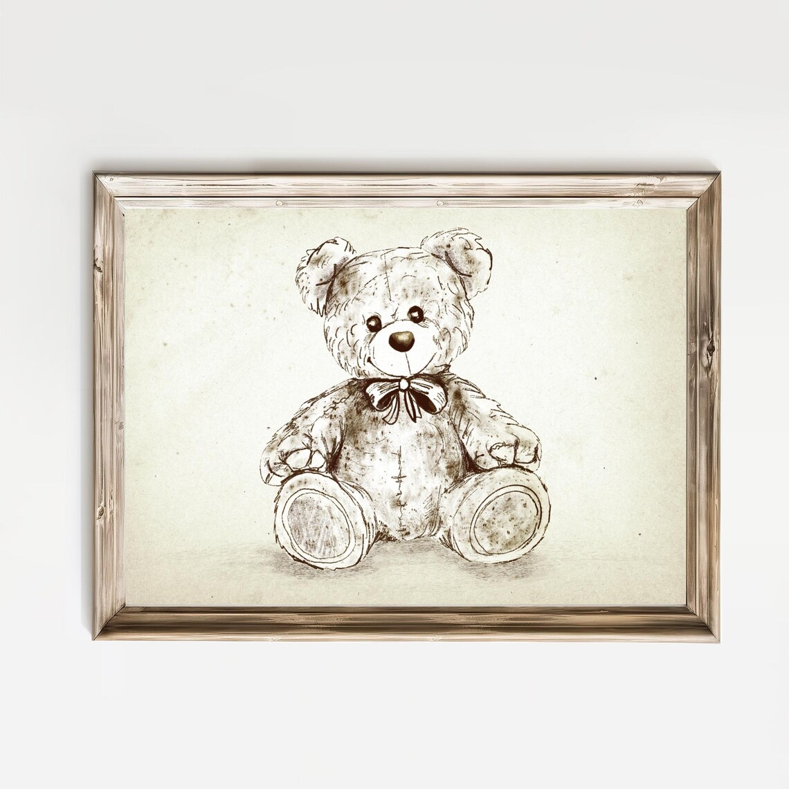 Vintage Sepia Teddy Bear Sketch With Bow Tie Nursery Art Print
