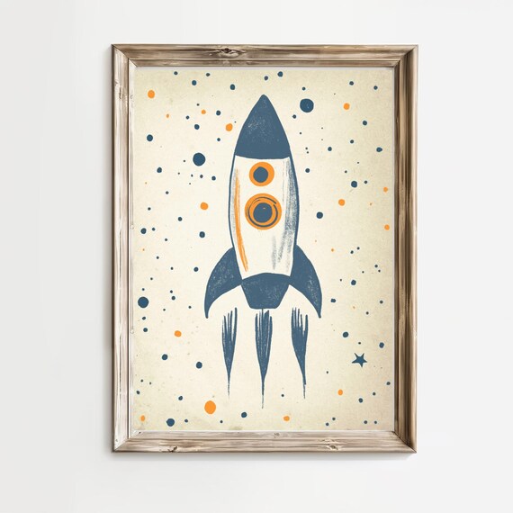 Vintage Navy Rocket Ship Stars Nursery Outer Space Decor Print
