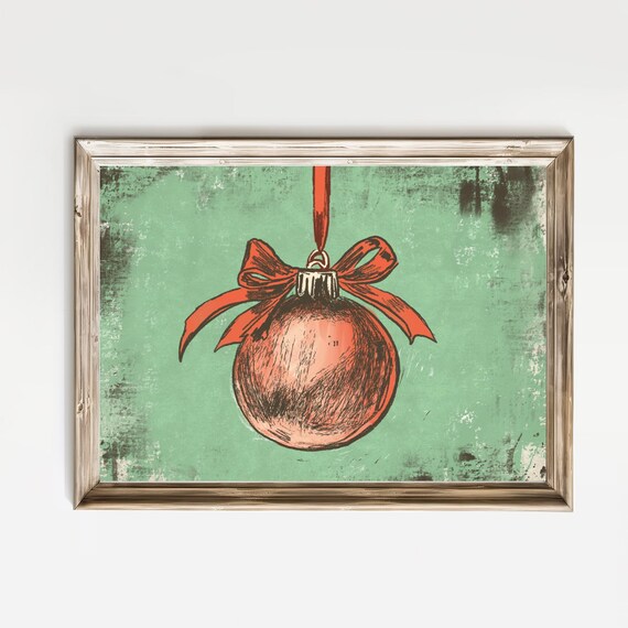 Red Christmas Bauble With Ribbon Bow Mint Green Vintage Poster