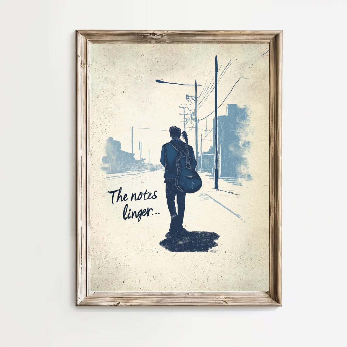 The Notes Linger Guitar Player Blue City Street Sketch Wall Art