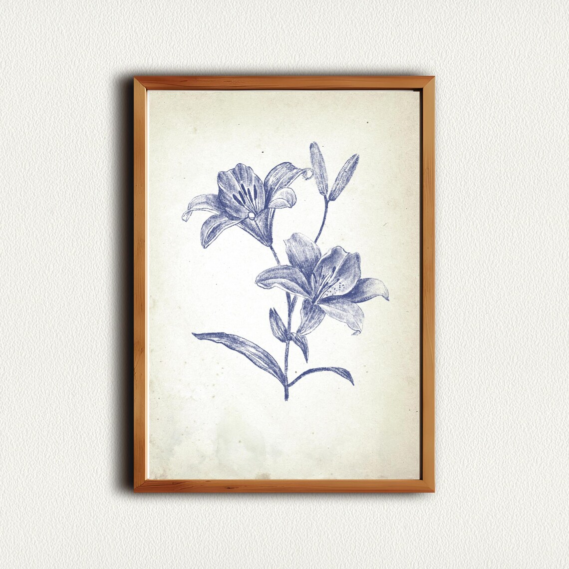 Twin Blue Lilies in a Vintage Botanical Ink Sketch Art Poster