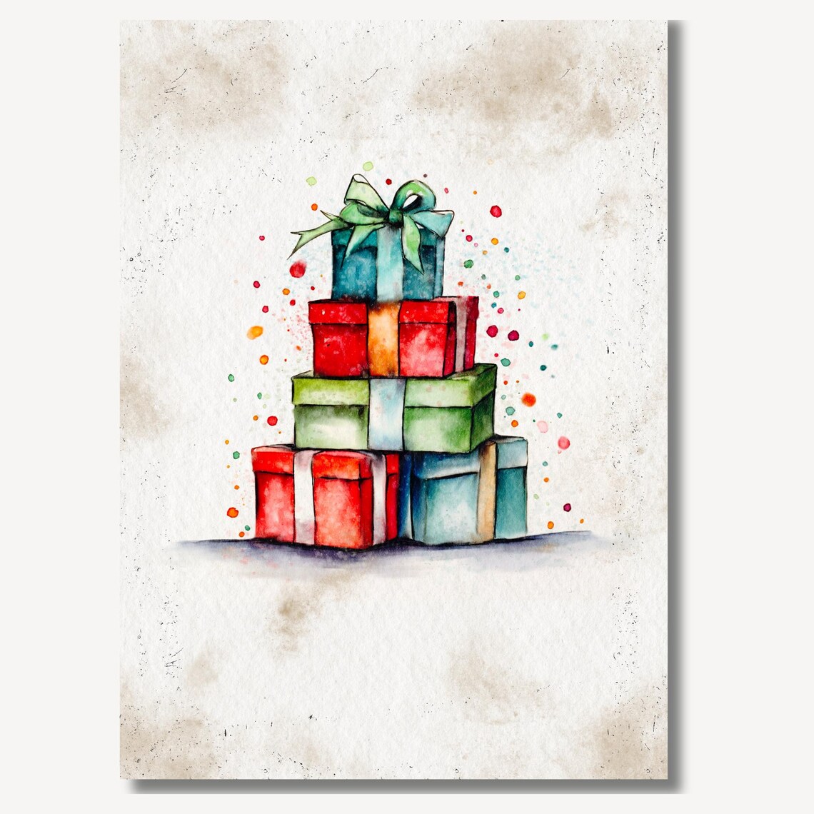 Colorful Christmas Gift Stack Watercolor Red Green Holiday Poster - Image 2