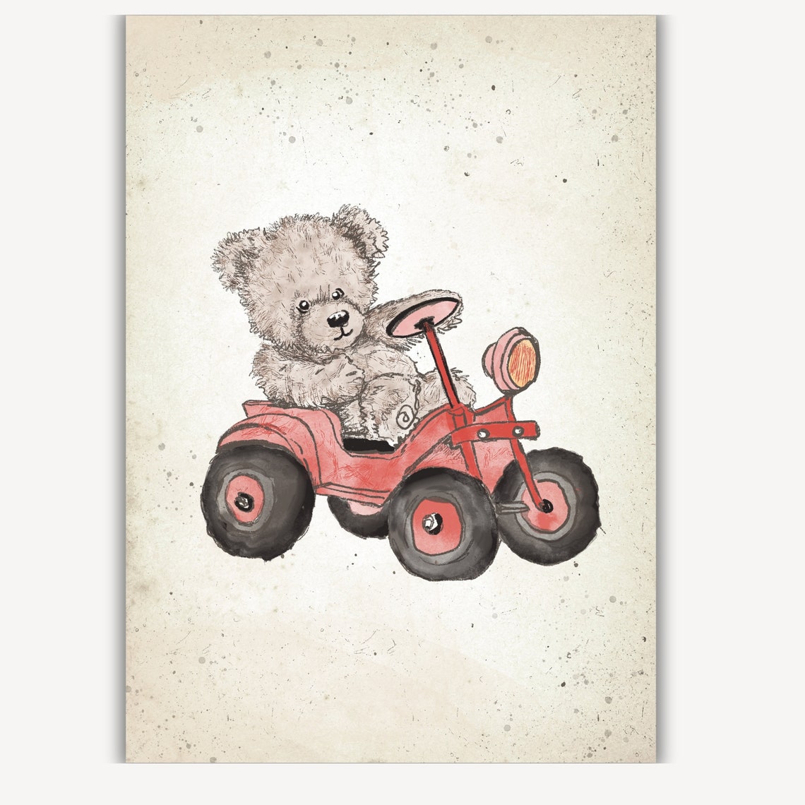 Teddy Bear Riding Red Tractor Front View Nursery Room Poster - Image 2