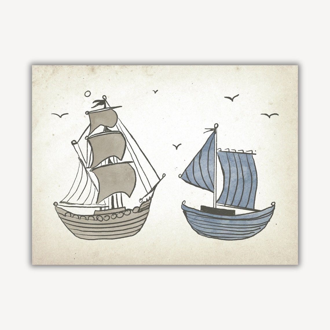 Two Vintage Sailing Ships Ink Sketch Kids Nautical Room Poster - Image 4