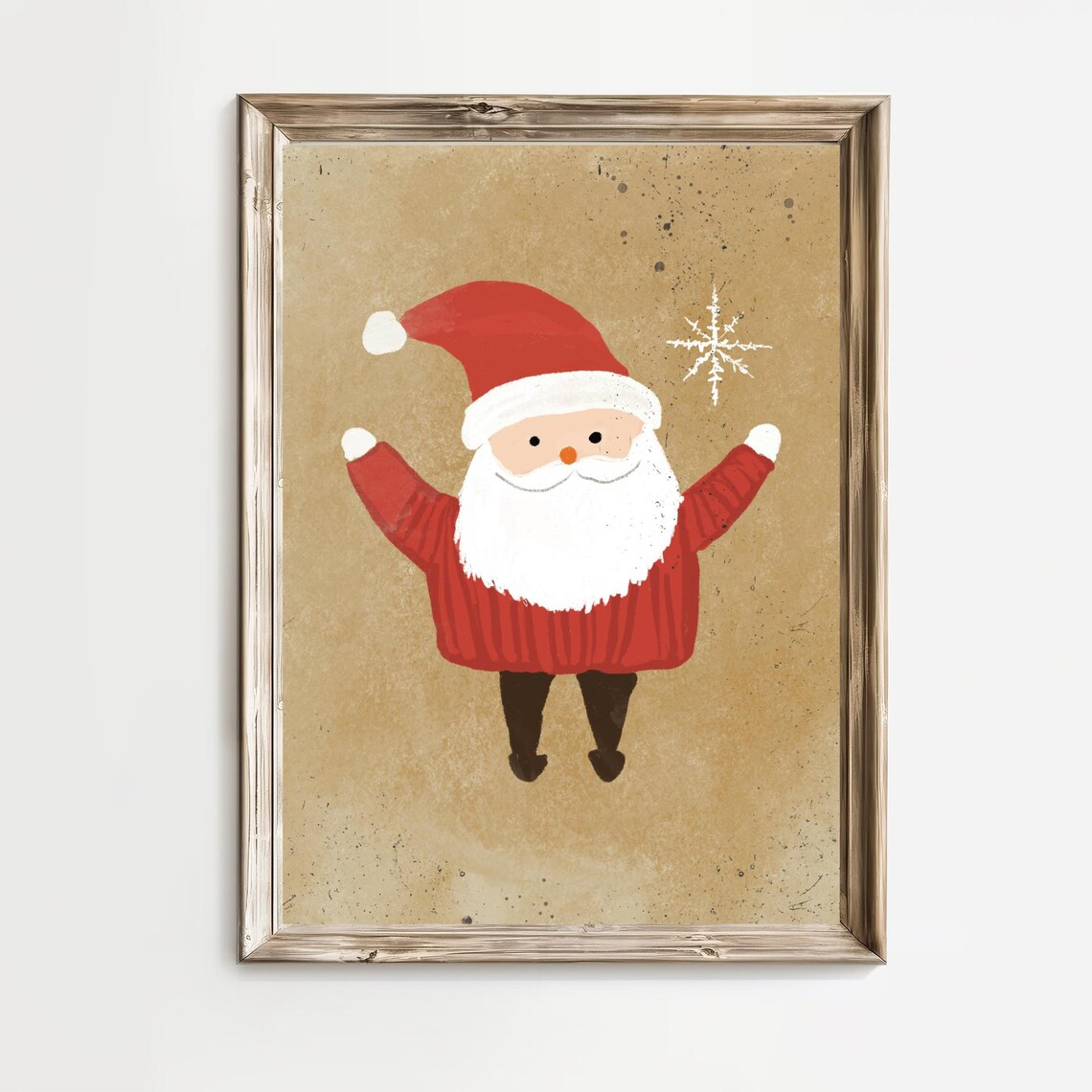 Cheerful Santa Claus Arms Raised Snowflake Vintage Christmas Print