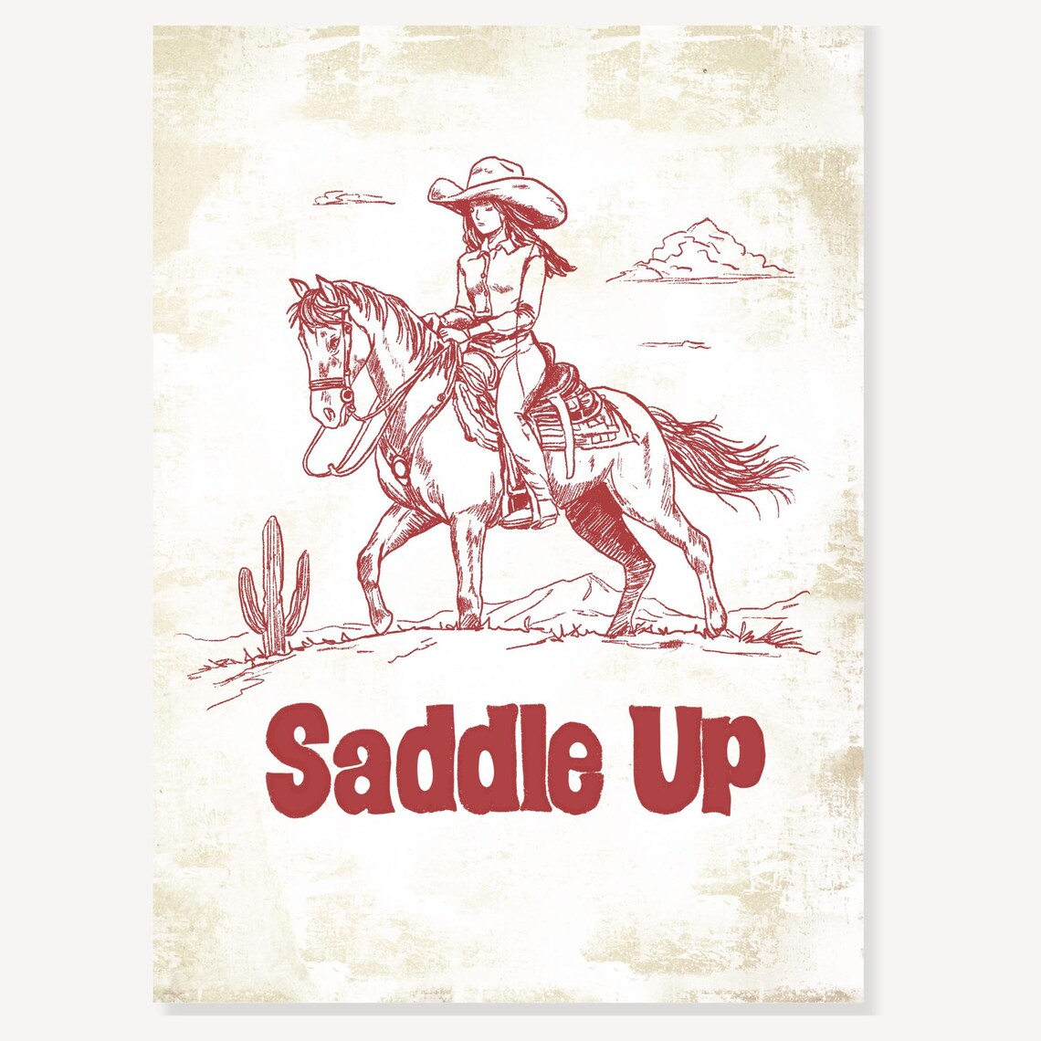Saddle Up Cowgirl Horseback Desert Western Vintage Sketch Poster - Image 2