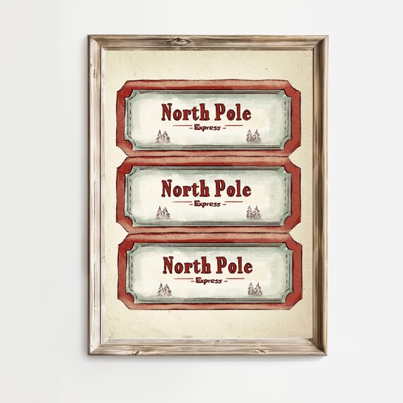 Vintage North Pole Express Luggage Tag Christmas Holiday Art Poster