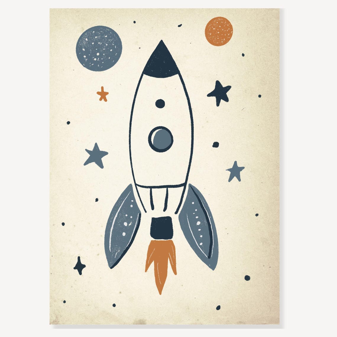 Cream Rocket Ship With Moon And Stars Nursery Space Room Poster - Image 2