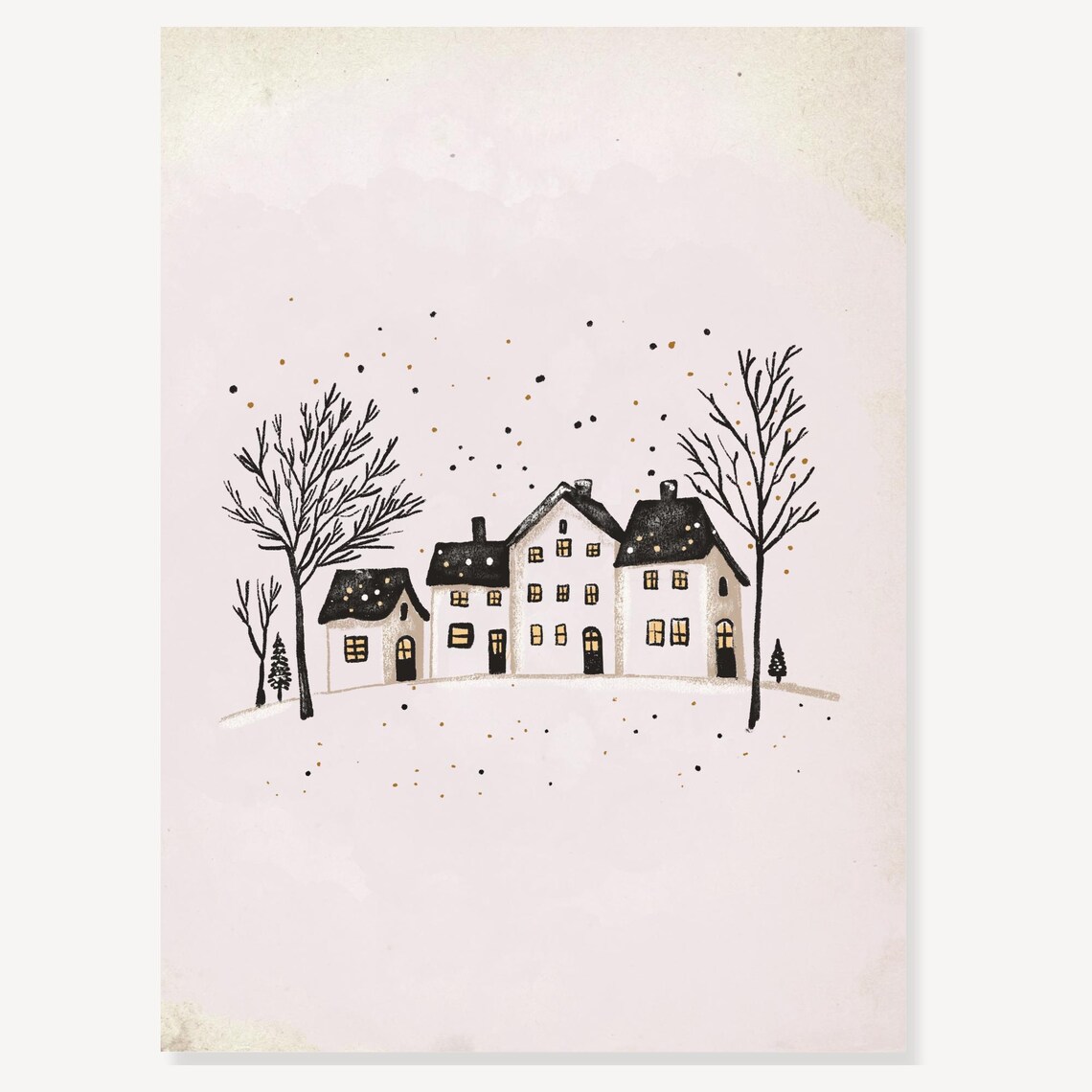 Snowy Christmas Village Houses Falling Snow Minimal Wall Art - Image 2