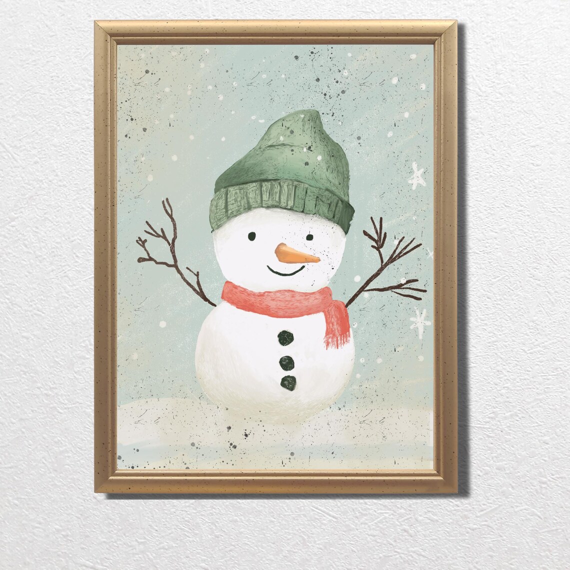 Snowman in Green Knit Cap and Coral Scarf Christmas Art Print - Image 3